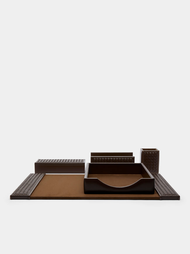 Riviere - Woven Leather Desk Set (Set of 5) - Brown - ABASK - 