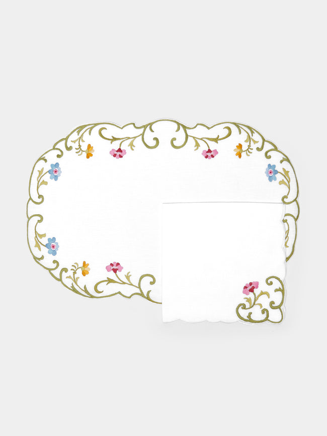 Taf Firenze - Rose Hand-Embroidered Linen Placemats and Napkins (Set of 6) - White - ABASK - 