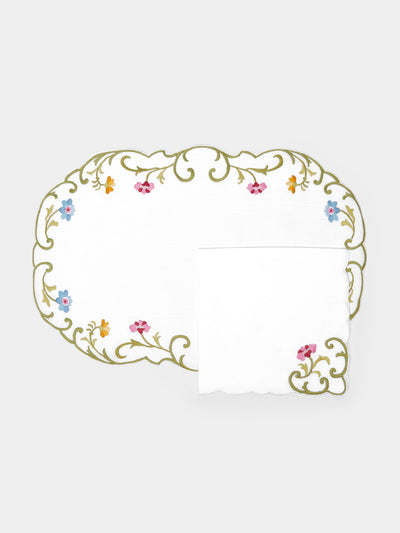 Taf Firenze - Rose Hand-Embroidered Linen Placemats and Napkins (Set of 6) -  - ABASK - 