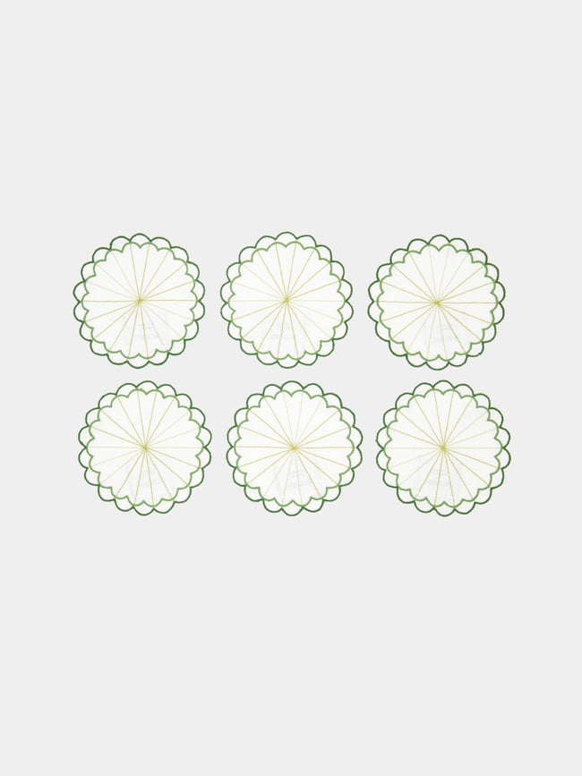 Los Encajeros - Escamas Scalloped Linen Coaster (Set of 6) - Green - ABASK