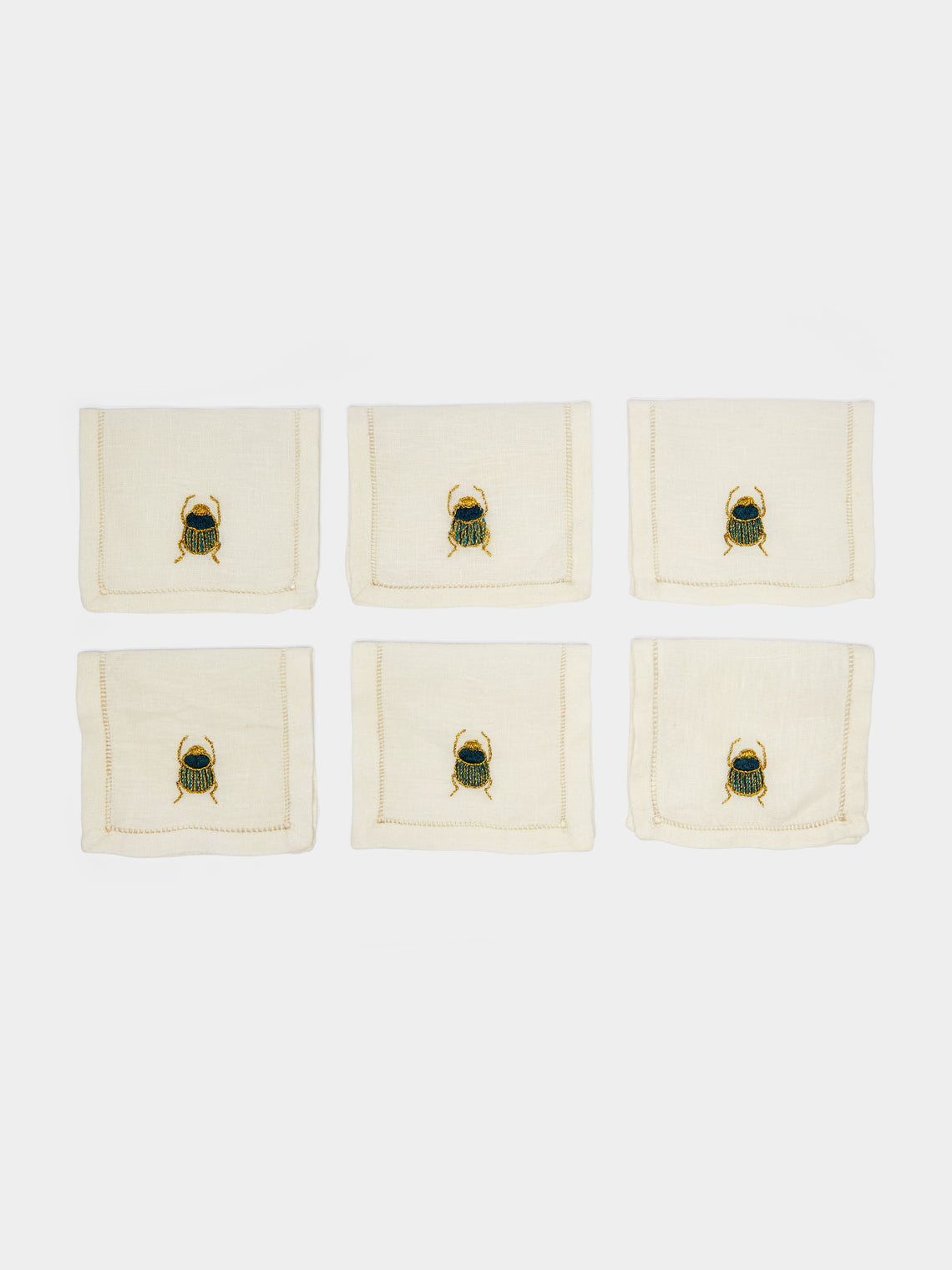 Malaika - Scarab Hand-Embroidered Linen Cocktail Napkins (Set of 6) - White - ABASK