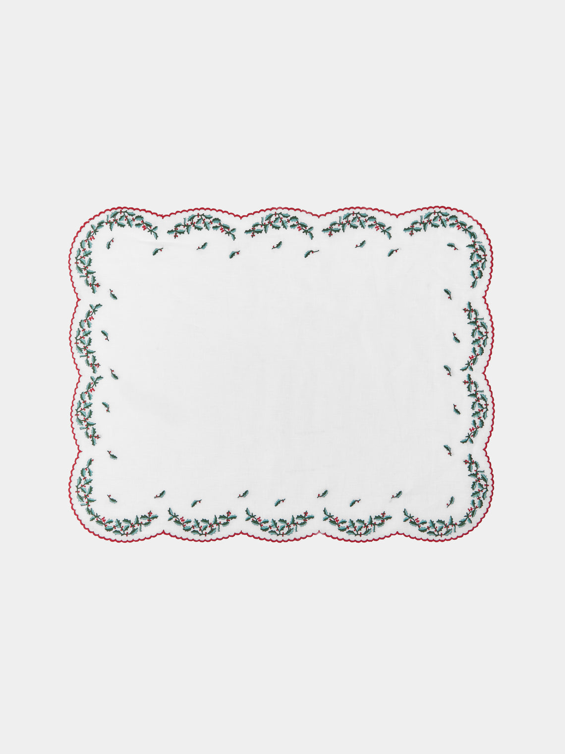 Loretta Caponi - Embroidered Linen Holly Placemats and Napkins (Set of 2) - White - ABASK