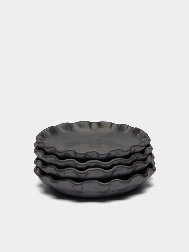 Perla Valtierra - Hand-Glazed Ceramic Lipped Dessert Plates (Set of 4) - Black - ABASK