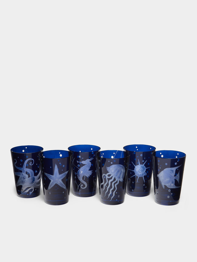 Artel - Sea Life Hand-Engraved Crystal Tumblers (Set of 6) - Blue - ABASK