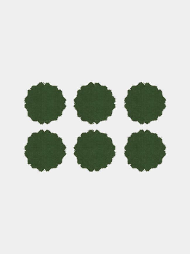 Los Encajeros - Alhambra Embroidered Linen Coaster (Set of 6) - Green - ABASK