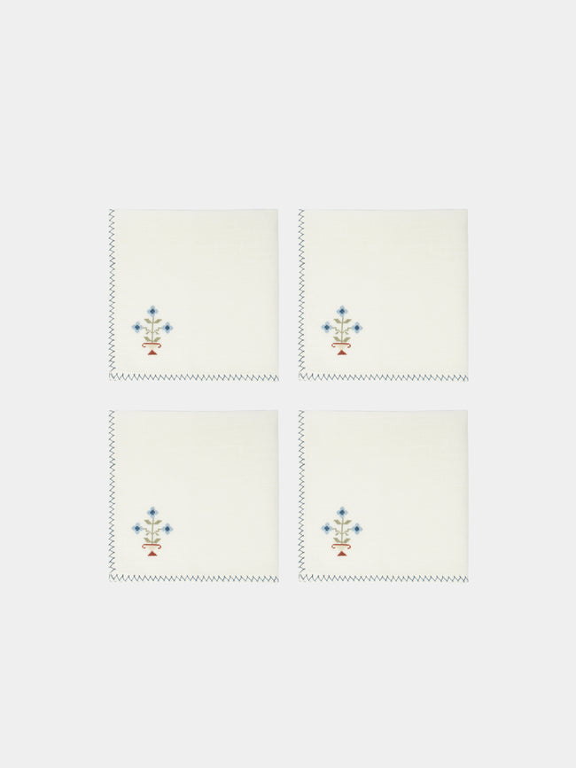 Malaika - Bouquet Embroidered Linen Napkin (Set of 4) - Blue - ABASK