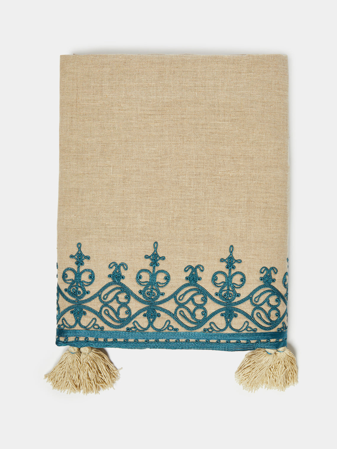 Malaika - Mamlouk Hand-Embroidered Linen Tablecloth - Blue - ABASK - 