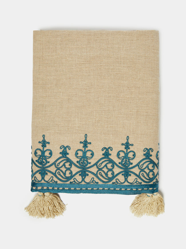 Malaika - Mamlouk Hand-Embroidered Linen Tablecloth - Blue - ABASK - 
