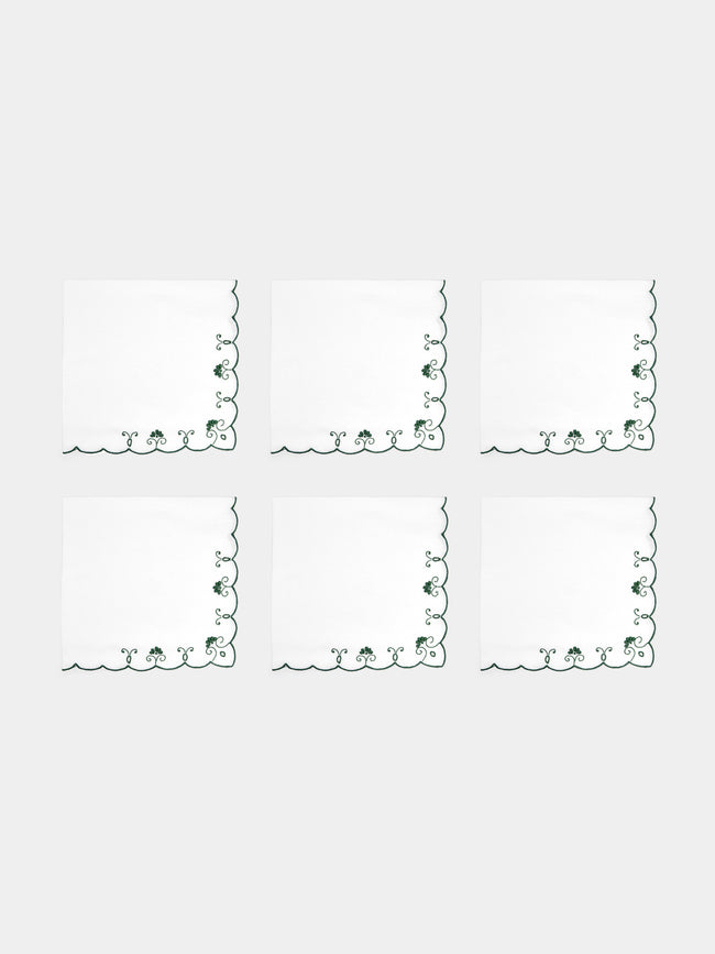 Taf Firenze - Piccoli Ventagli Hand-Embroidered Linen Placemats and Napkins (Set of 6) - Green - ABASK