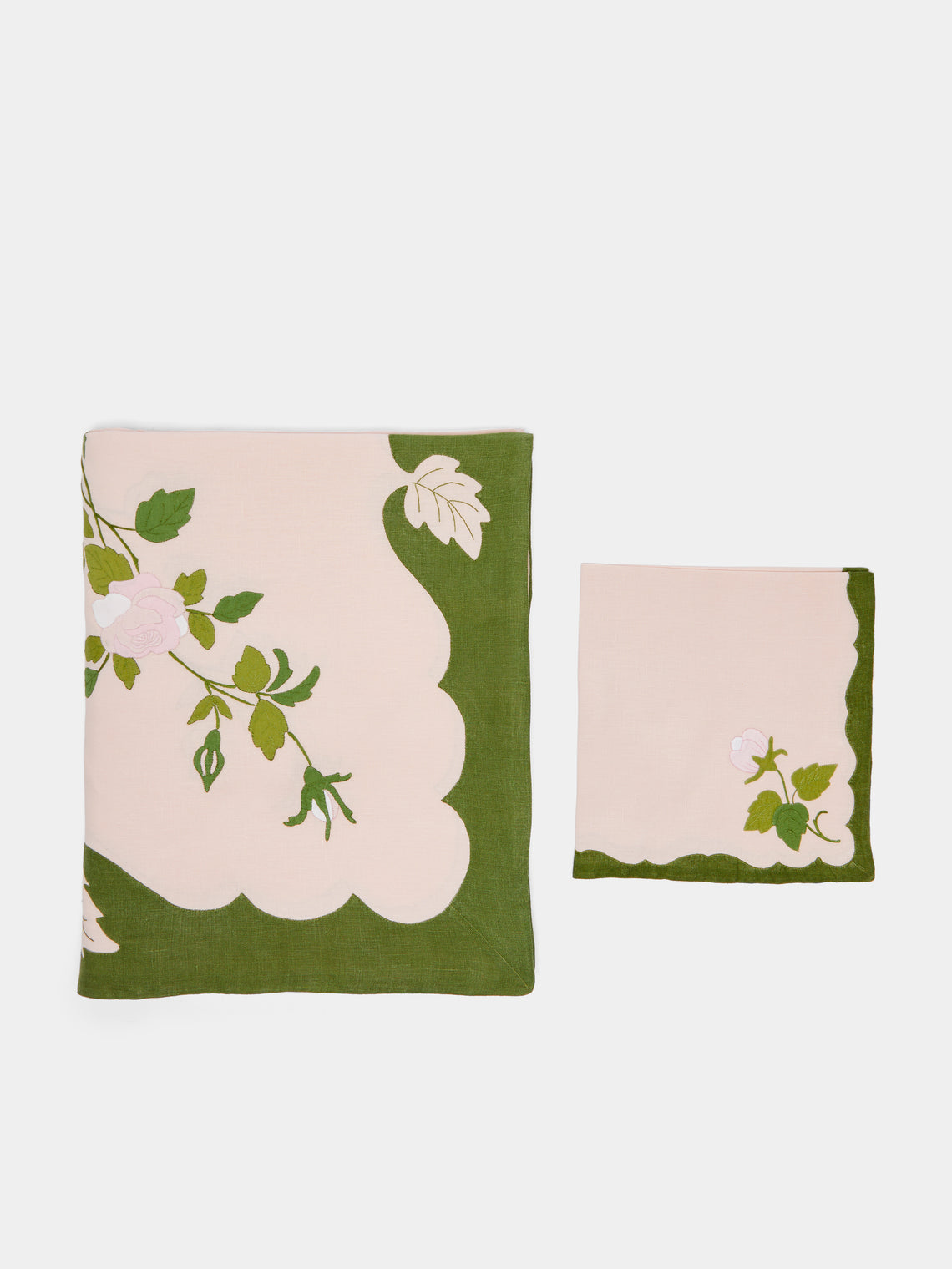 Taf Firenze - Rose Hand-Embroidered Linen Tablecloth and Napkins (Set of 6) - Pink - ABASK - 