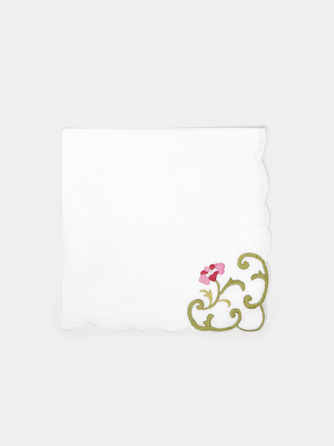 Taf Firenze - Rose Hand-Embroidered Linen Placemats and Napkins (Set of 6) - White - ABASK