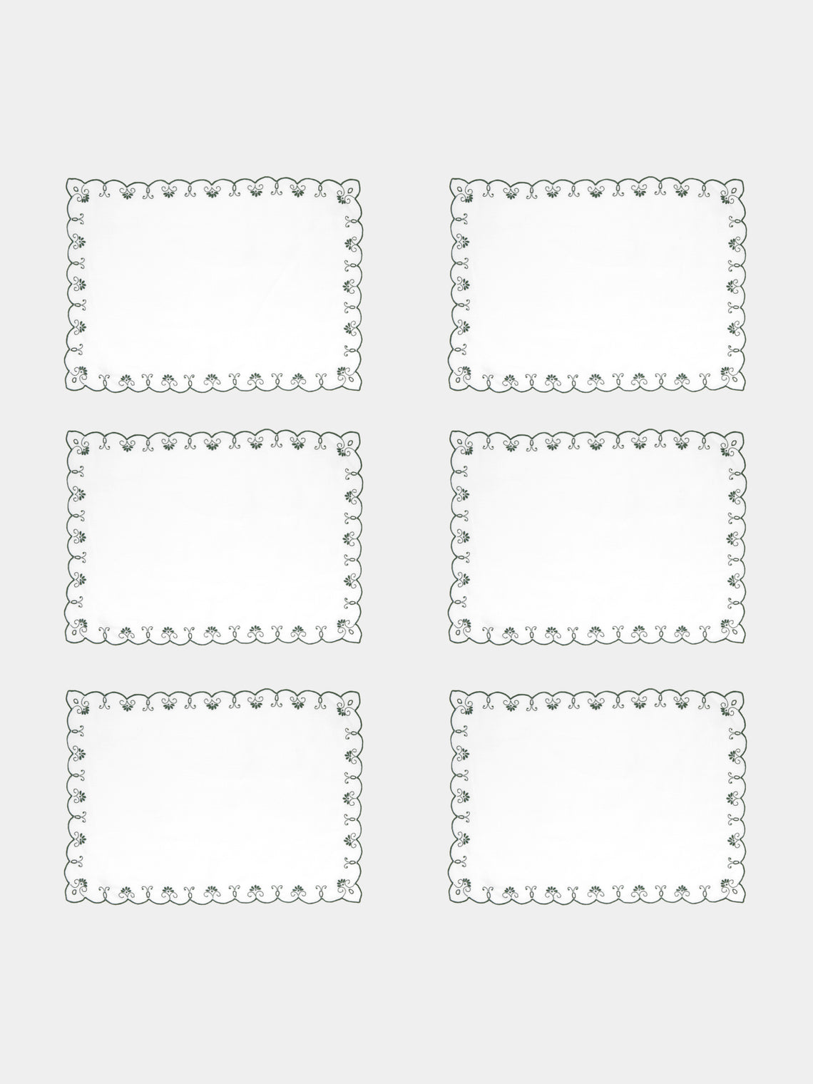 Taf Firenze - Piccoli Ventagli Hand-Embroidered Linen Placemats and Napkins (Set of 6) - Green - ABASK