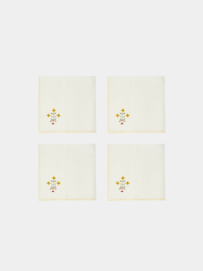 Malaika - Bouquet Hand-Embroidered Linen Napkins (Set of 4) - Yellow - ABASK