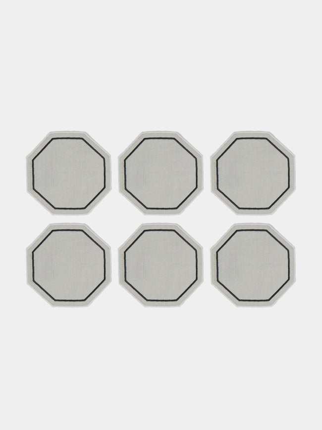 Los Encajeros - Octo Embroidered Linen Coaster (Set of 6) - Grey - ABASK