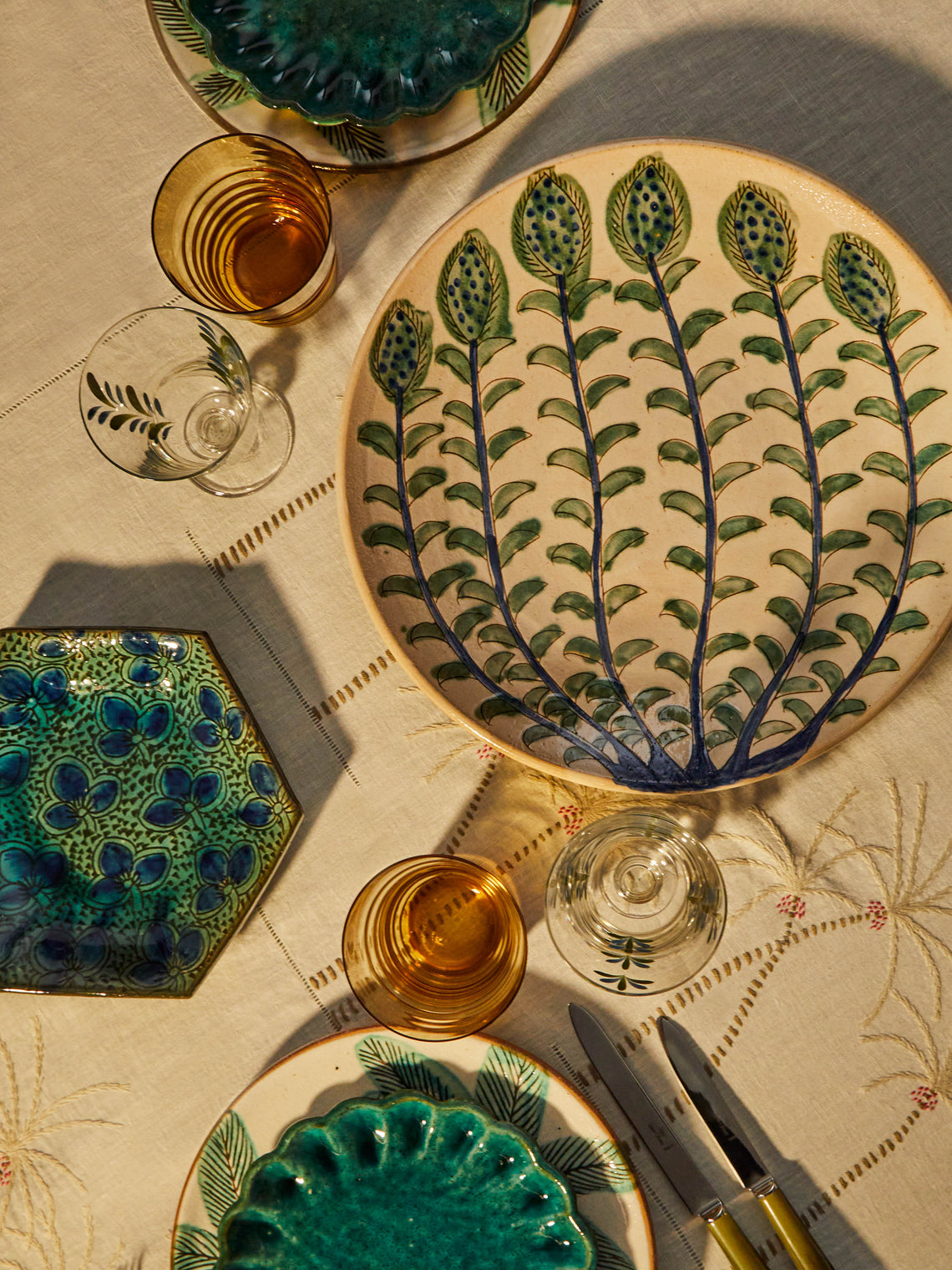 Malaika - Buds Hand-Painted Ceramic Serving Platter - Green - ABASK