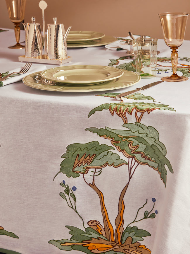Loretta Caponi - Bonsai Hand-Embroidered Linen Tablecloth and Napkins (Set of 12) - Multiple - ABASK