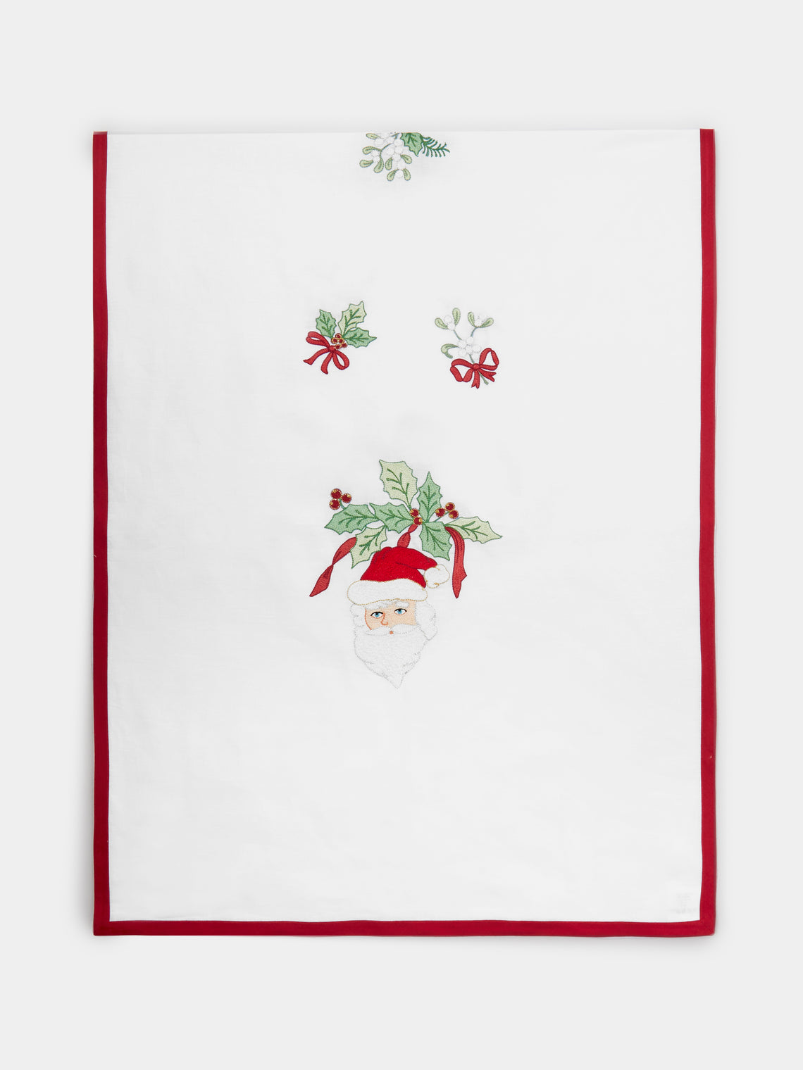 Loretta Caponi - Santa Claus Embroidered Linen Table Runner - White - ABASK - 