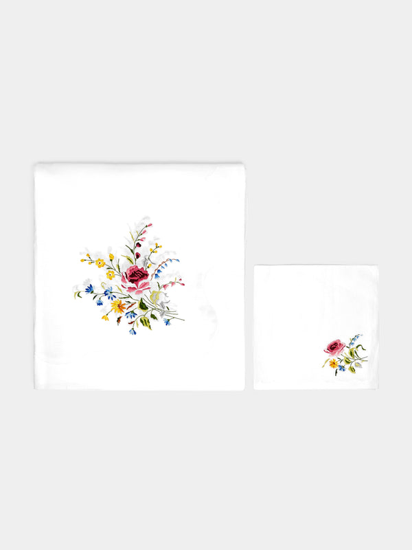 Taf Firenze - Fiammingo Hand-Embroidered Linen Tablecloth and Napkins (Set of 12) -  - ABASK - 